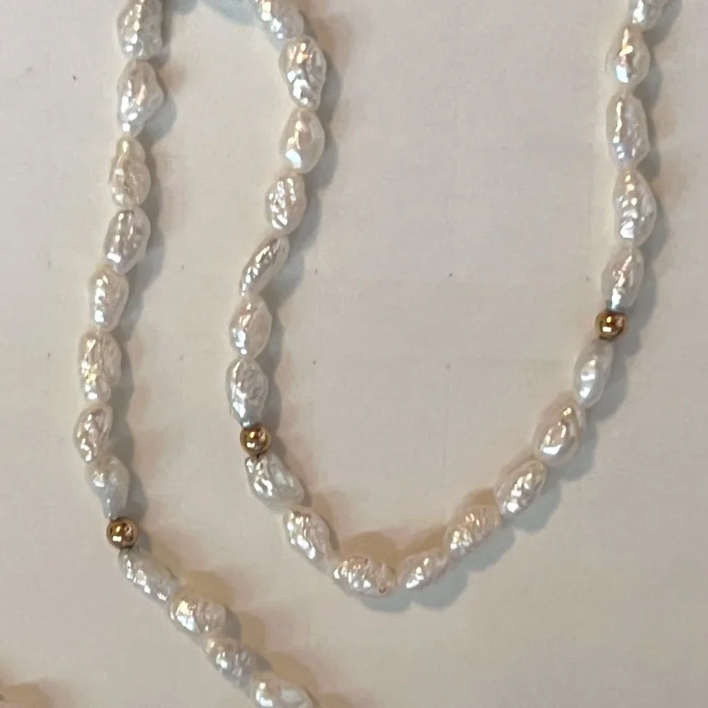 14KT Gold Ball Beaded Freshwater Rice Pearl Necklace - Picture 4 of 4